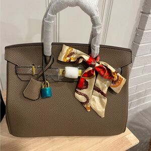 Elegant Taupe Handbag with Scarf Accent